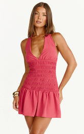 Giselle Mini Dress - Halter Neck Shirred Frilled Hem Fit And Flare Dress in Rose